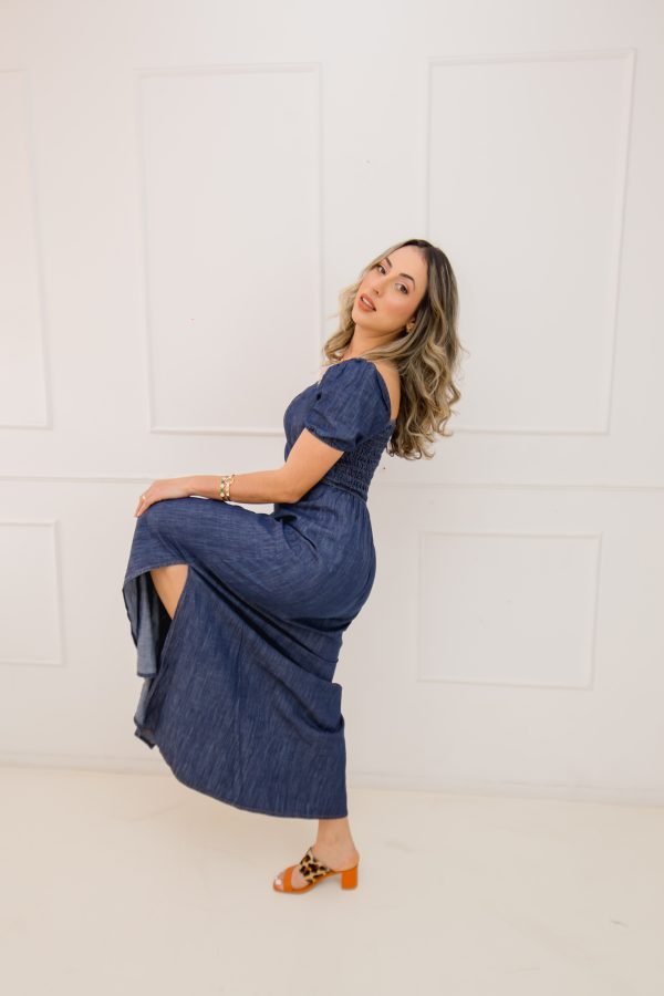 Vestido Longo Jeans de manga, com fenda na perna - Imagem 5