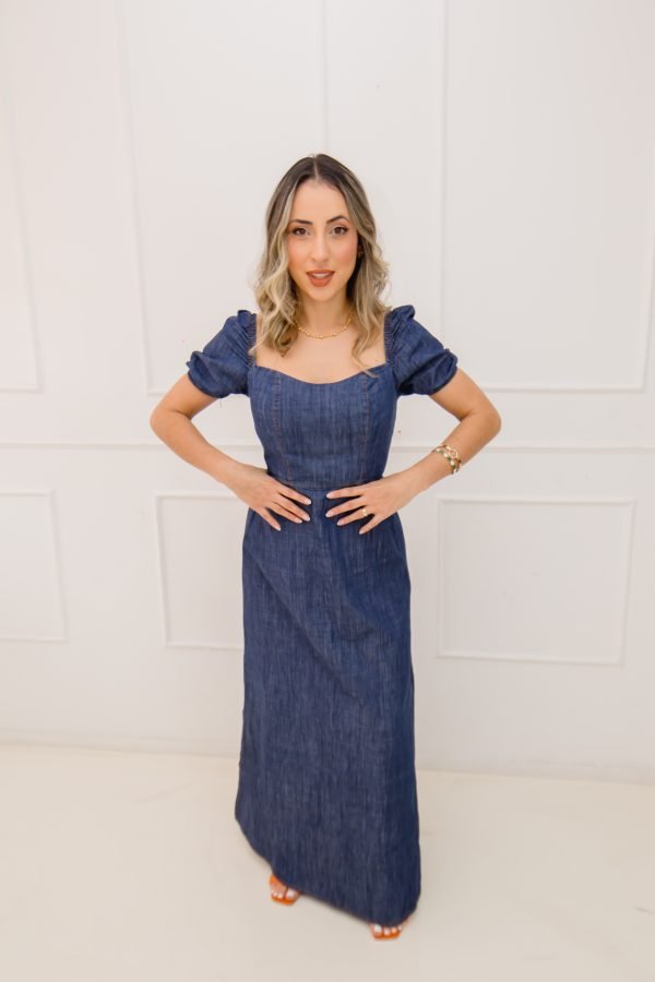 Vestido Longo Jeans de manga, com fenda na perna - Imagem 3
