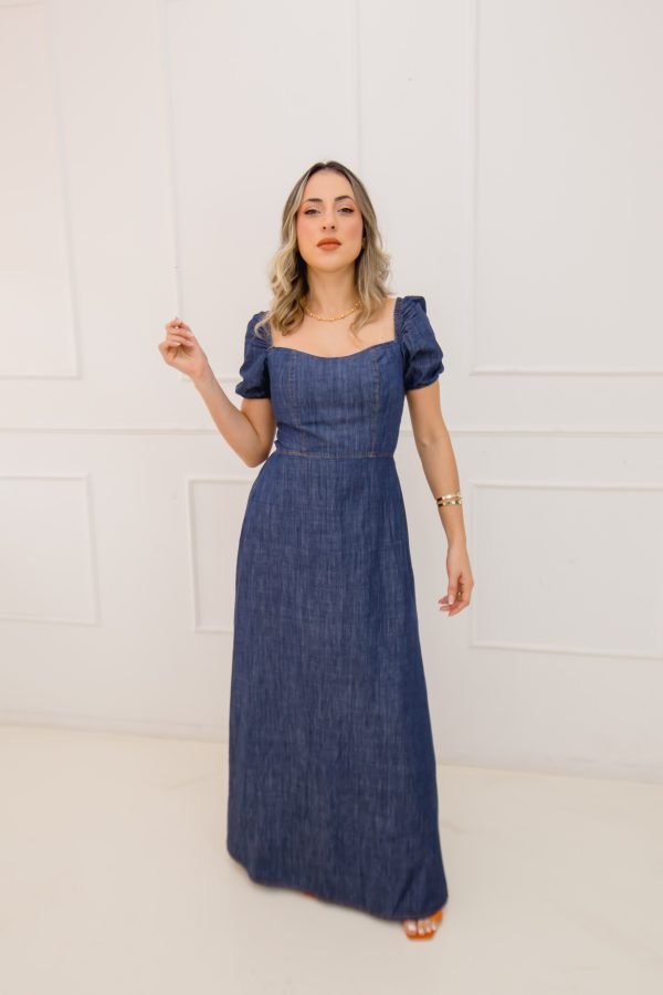 Vestido Longo Jeans de manga, com fenda na perna - Imagem 4