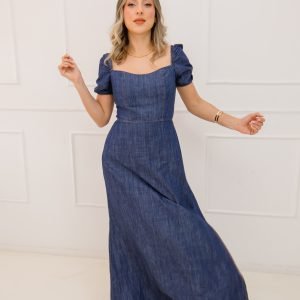 Vestido Longo Jeans de manga, com fenda na perna