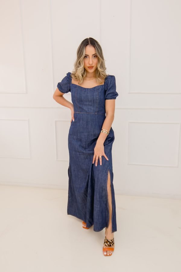 Vestido Longo Jeans de manga, com fenda na perna - Imagem 6