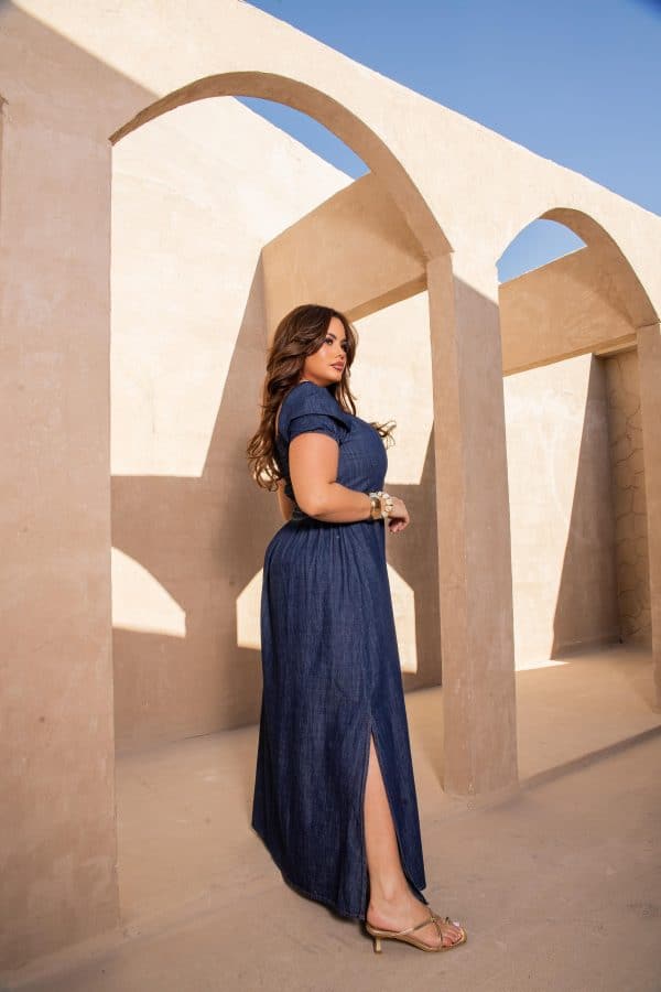 Vestido longo jeans de manga com fenda na perna, plus size - Imagem 3
