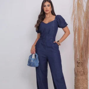 Macacão Feminino Jeans Manga Curta