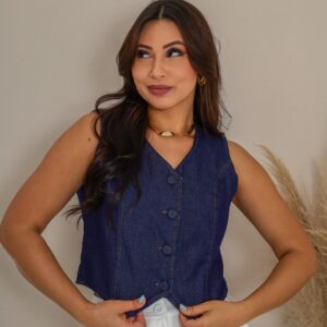 Colete Jeans Feminino com Botões Forrados